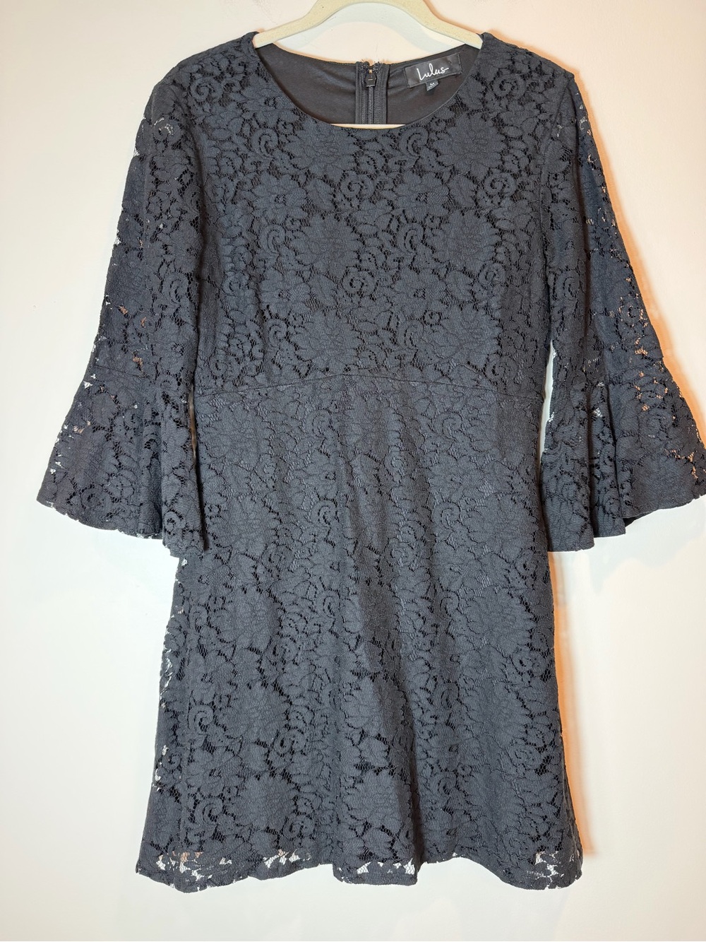 Lulus Black Floral Lace Dress Flared 3/4 Bell Sleeve LBD Size Medium